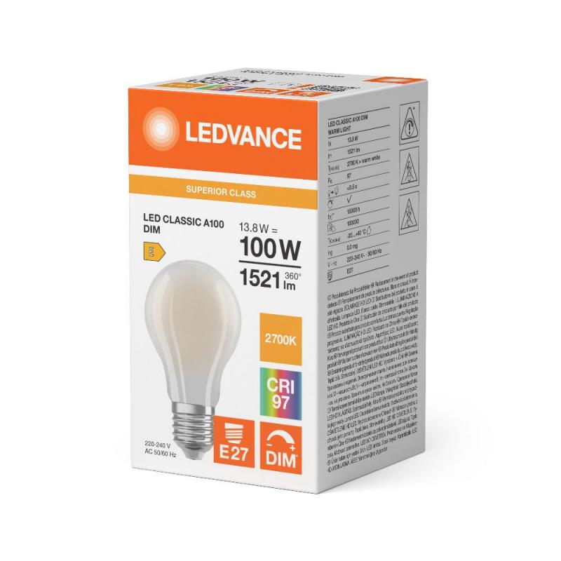 Ledvance E27 LED Lampe Classic dimmbar matt 13,8W wie 100W 2700K warmweißes Licht CRI97 sehr hohe Farbwiedergabe
